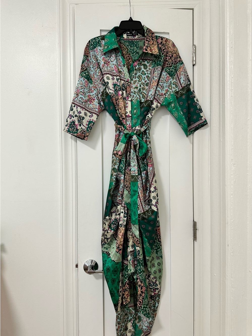 Green satin Patchwork Print Shirt Dress with Tie Waist